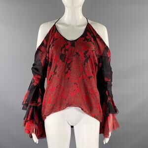 ALEXANDER MCQUEEN Size M Red Black Silk Blend Floral Blouse